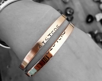 SISTERS Custom Stackable Cuffs Bracelets Hand Stamped Metal Copper German Silver NuGold Brass Names Personalized Stackable Cuffs Handmade