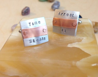 Personalized Hand Stamped Cufflinks - Custom Cufflinks - Domed Square Stamped Cufflinks - Your Name, Quote - Personalized Stamped Cufflinks