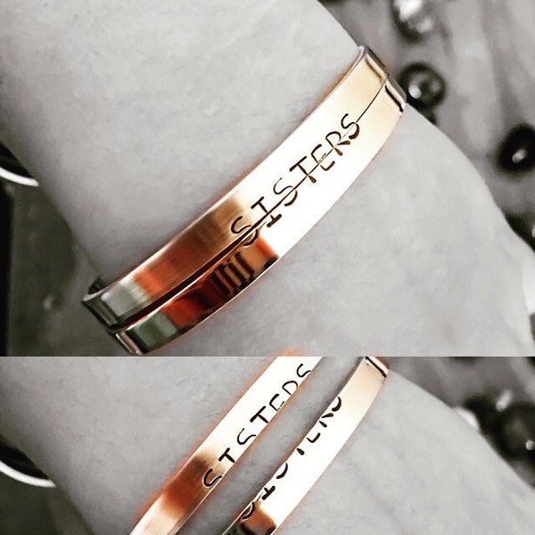 SISTERS Custom Stackable Cuffs Bracelets Hand Stamped Metal Copper German Silver NuGold Brass Names Personalized Stackable Cuffs Handmade