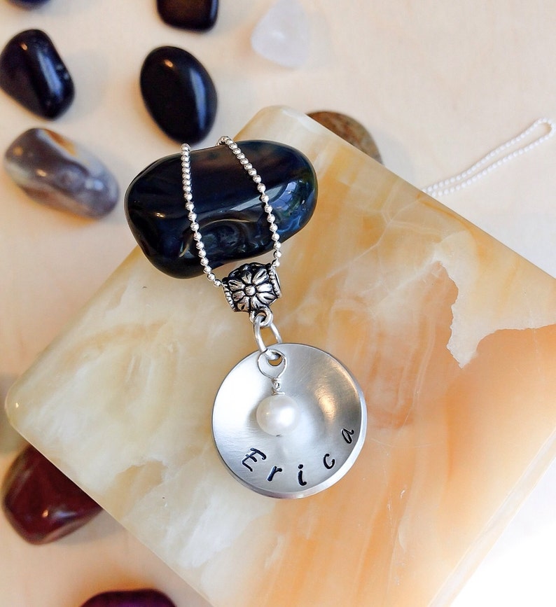 Your Name Personalized Stamped Necklace Hand Stamped Pearl Necklace Stamped Necklace Quote