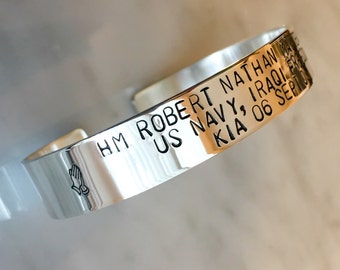 Fallen Hero Memorial Hand Stamped Bracelet, Remembrance Cuff, Always in My Heart, Personalized Bracelet Cuff, Army, Navy, Marines, Air Force