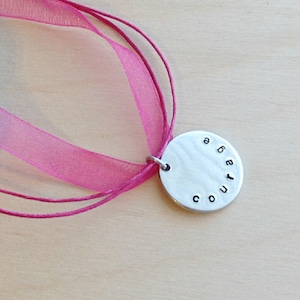 Hand Stamped Necklace - Breast Cancer Necklace - Personalized Stamped Necklace - Courage - Silk Ribbon Necklace