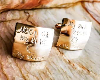 Moon of My Life My Stars and Sun - Domed Square Hand Stamped Cufflinks - Your Name, Quote - Custom Cufflinks, Wedding, Father's Day, metal