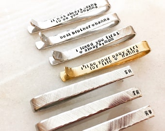 Secret Love Message Tie Bar Personalize, Hand stamped Initial Date - copper, silver tone, gold tone | Customize Your Word, Anniversary groom
