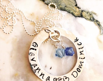 Hand Stamped Necklace - Mommy Necklace with Swarovski Crystals birthstones - Personalized Stamped Necklace - Children's names
