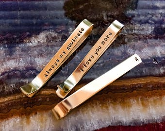Secret Message Tie Bar Personalized, Hand stamped Hidden Message - copper, silver tone, gold tone | Customized Your Words, Anniversary groom