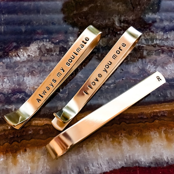 Secret Message Tie Bar Personalized, Hand stamped Hidden Message - copper, silver tone, gold tone | Customized Your Words, Anniversary groom