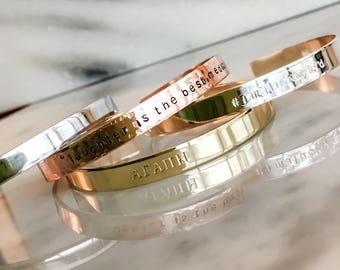 Custom Metal Bracelet, Hand Stamped Bracelet Cuff, Several Widths, Silver Copper Gold, Mother’s Day, Bridesmaid Gift, Gift for Her, Sister