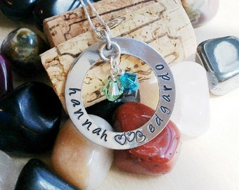 Hand Stamped Necklace - Mommy Necklace with Swarovski Crystals for birthstones - Personalized Stamped Necklace - Children's names