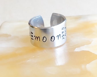 Stamped Metal Ring Band- Custom Hand Stamped Ring Band - Personalized Adjustable Ring  - Your Name, Quote - Love you to the moon and back