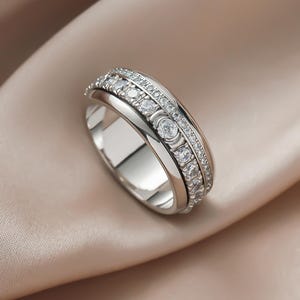 Moissanite Asymmetry Spinner Ring for Women – Sterling Silver Fidget Ring for Stress Relief & Focus, CZ Copper Anxiety Ring for Meditation
