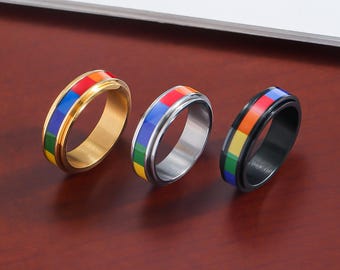 Anillo giratorio de bloques arcoíris: anillo antiestrés LGBTQ+ de acero inoxidable, anillo antiansiedad con espectro de colores, herramienta de meditación, regalo para él o ella.