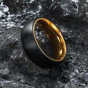 Black Gold Spinner Ring for Men – Domed Shape Inner Comfort Fidget Ring, Stylish Anxiety Ring for Meditation, Stress Relief Gift for him