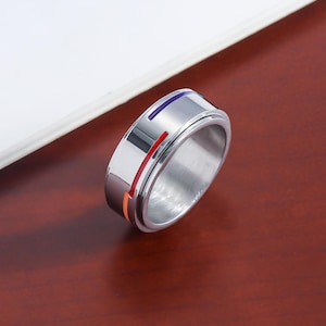 Minimalist Rainbow Spinner Ring – Titanium Fidget Ring with Subtle Pride Stripes, LGBTQ+ Anxiety Relief Jewelry for Everyday Wear