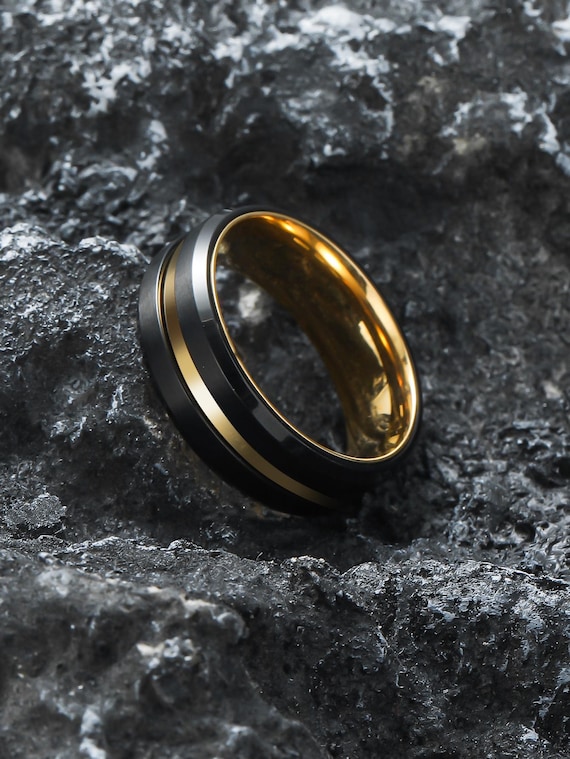 Titanium Steel Playing Card Spinner Ring - Black & Gold Anxiety Relief Jewelry 8mm