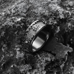 Black Cogwheel Spinner Ring for Men – Gear Fidget Ring with CZ for Meditation, Matte black Anxiety Ring for Stress Relief, Cool Gift for Him