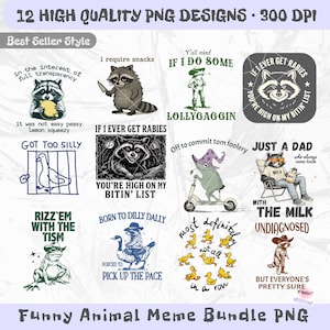 Może przedstawiać: Zestaw 12 wysokiej jakości projektów PNG z zabawnymi memami ze zwierzętami. Projekty przedstawiają różne zwierzęta, w tym szopy i żaby, z humorystycznymi nakładkami tekstowymi. Tekst zawiera zwroty takie jak "If I ever get rabies" i "Just a dad."