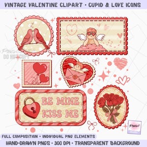 Puede incluir: Clipart vintage de San Valentín con iconos de Cupido y amor. La imagen incluye ilustraciones de pájaros besándose, un cupido, corazones, rosas y el texto "Be Mine Kiss Me". La obra de arte está dibujada a mano con un fondo transparente.