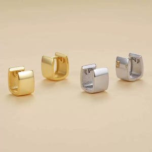 ミニマリストスクエアフープイヤリング：ゴールドメッキフープ、925シルバーの日常使いフープ、上品な厚みのあるフープ、ミニマリストチャンキーイヤリング