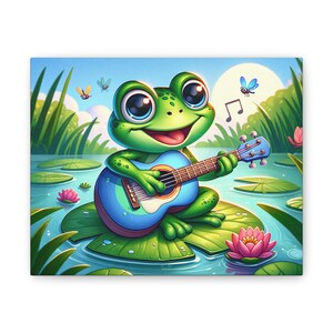 A Charming Frog playing guitar Art Canvas, Playful Decor for Kids, Nature-Inspired Gift, Wall Art for Nursery, Music-Themed Room