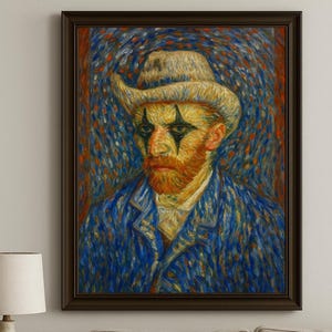 Impression portrait de clown Van Gogh - Art expressionniste surréaliste, décoration murale colorée à l&#39;huile, peinture de clown triste, idée cadeau unique
