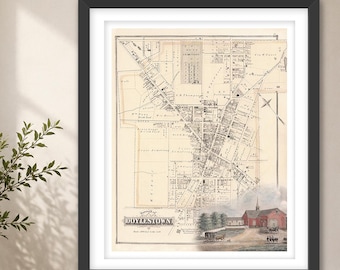 Doylestown PA Historic Map with Watercolor | 1876 Bucks County Pennsylvania Wall Art
