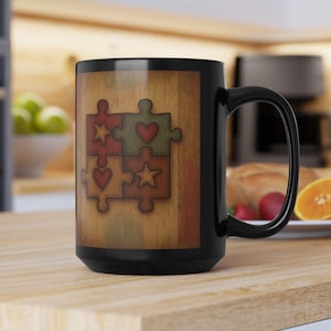 Autism Awareness Coffee Mug: Rustic Puzzle Piece Ceramic Mug, 15oz