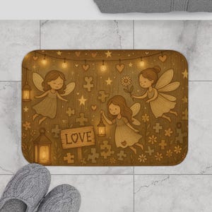 May include: A rectangular bath mat featuring a whimsical illustration of fairies with wings, holding lanterns and flowers. The mat has a wooden background with stars, hearts, and puzzle pieces. The word "LOVE" is on a sign.