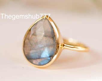 Anillo de lágrima de labradorita arcoíris ~ Piedra preciosa ~ Natural ~ Bañado en oro de 18 k ~ Joyería ~ Hecho a mano ~ Piedra natal de febrero
