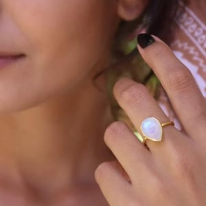 Rainbow Moonstone Tear Drop Ring ~ Gemstone ~ Natural ~ 18k Gold Plated ~ Jewelry ~ Handmade~June Birthstone