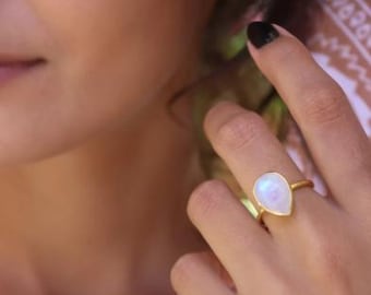 Rainbow Moonstone Tear Drop Ring ~ Gemstone ~ Natural ~ 18k Gold Plated ~ Jewelry ~ Handmade~June Birthstone