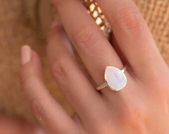 Rainbow Moonstone Tear Drop Ring ~ Gemstone ~ Natural ~ Sterling Silver 925 ~ Jewelry ~ Handmade~June Birthstone