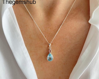 Blue Topaz Teardrop Necklace: Sterling Silver Bezel Pendant, December Birthstone