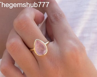 Rose Quartz Tear Drop Ring ~ Gemstone ~ Natural ~ 18k Gold Plated ~ Jewelry ~ Handmade~ January Birthstone -