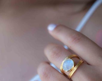 Rainbow Moonstone Double Ring ~ Gemstone ~ Natural ~ 18k Gold Plated ~ Jewelry ~ Handmade~June Birthstone