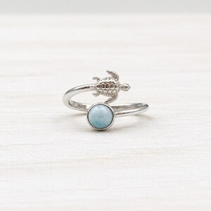 Sea Turtle Larimar Ring, 925 Sterling Silver Turtle Ring, Natural Larimar Jewelry, Ocean Lover Gift, Handmade Beach Ring