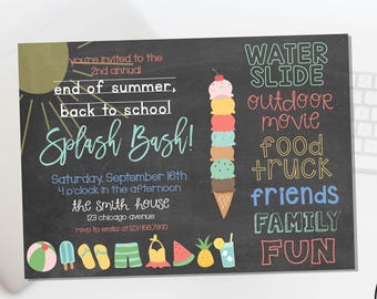 Chalkboard End of Summer Backyard Bash Invitation - Digital File or Prints
