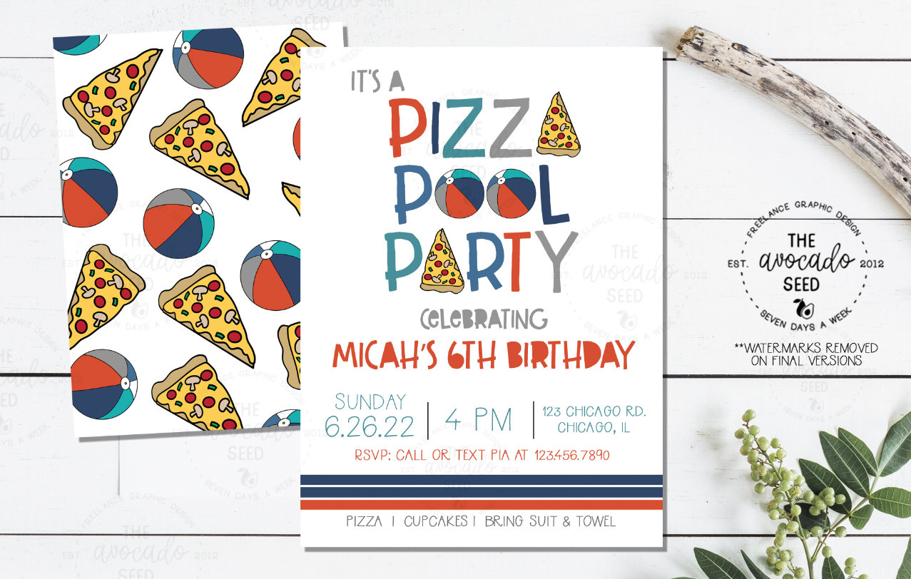 Trendy Modern Pizza Pool Party Invitation Digital File or Prints