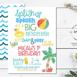 Splish Splash Pool Party Invitation - First Birthday - Digital File or Prints