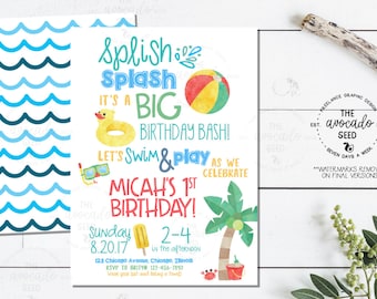 Uitnodiging Splish Splash Pool-feestje - eerste verjaardag - digitaal bestand of afdrukken