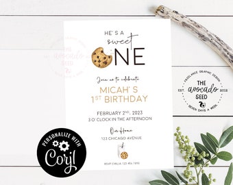 May include: A white invitation card with a brown cookie and milk illustration. The text reads "He's a sweet one" and "Micah's 1st Birthday". The date is February 2nd, 2023, and the time is 3 o'clock in the afternoon. The location is "Our Home" at 123 Chicago Avenue. The RSVP information is "Emilia 123 456 7890".