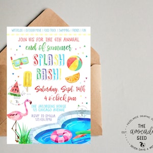May include: A colorful invitation for a "Splash Bash" end-of-summer event, featuring a pool, flamingo, and beach ball illustrations. The invitation includes the date, time, and location details, all set against a white background.