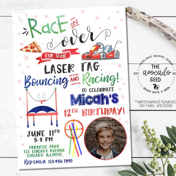 Go Cart, Laser Tag, Bouncing Birthday Invitation (digital file or prints)