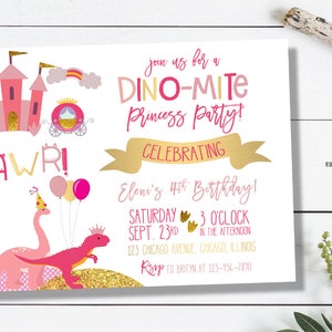 Pink and Gold Princess Dinosaur Birthday (or any event) Invitation - DIY printing or Professional Prints via Convo