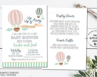 May include: A baby shower invitation with a hot air balloon theme. The invitation is for Emilia and Jack and is set for Saturday, September 25th at 4:00 in the afternoon. The invitation includes the address and RSVP information. The invitation also includes a diaper raffle.
