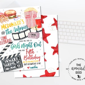 McDonalds and the Movies - Girls Night Birthday Invitation - Digital File (price shown) or Prints Shipped