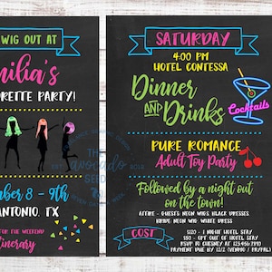 Neon - Wiggin&#39; Out Bachelorette Party Invite with Itinerary (also available with white background)- DIY Printing or Prints