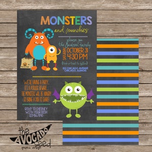 May include: A Halloween-themed invitation with the text "MONSTERS and munchies." The invitation features cartoon monsters in orange, yellow, and green, along with event details. The design includes a striped pattern in the background.