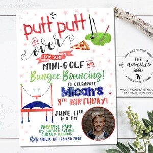 Mini golf and Bungee Bounce Birthday Invitation (digital file or prints)
