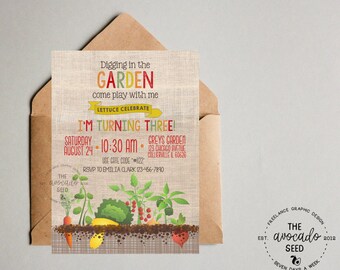 May include: A colourful invitation for a child's third birthday party. The invitation features a garden theme with a hessian background and a variety of vegetables and flowers. The text on the invitation reads "Digging in the Garden, come play with me, Lettuce Celebrate, I'm Turning Three!" The invitation also includes the date, time, and location of the party.